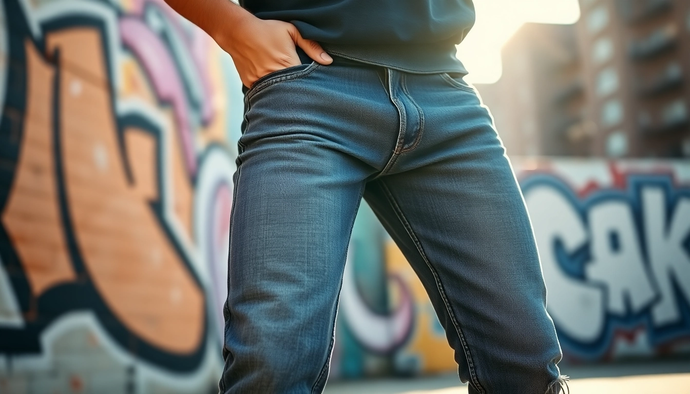 Model showcasing mens slim fit jeans against a vibrant urban backdrop, emphasizing style.