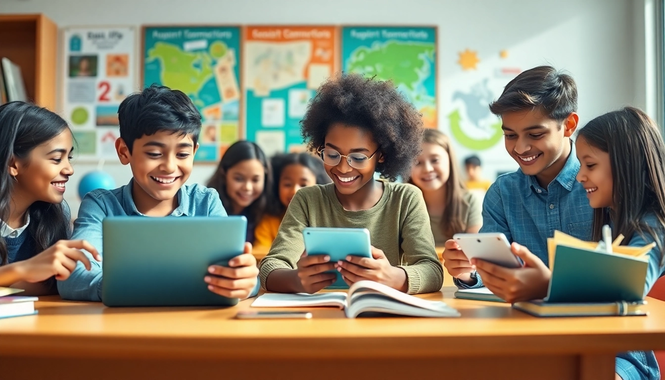 Engaging classroom scene illustrating the power of education with diverse students using digital devices.