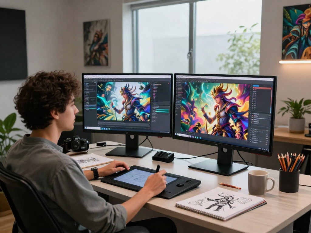 Artist creating nsfw AI art in a vibrant modern studio.