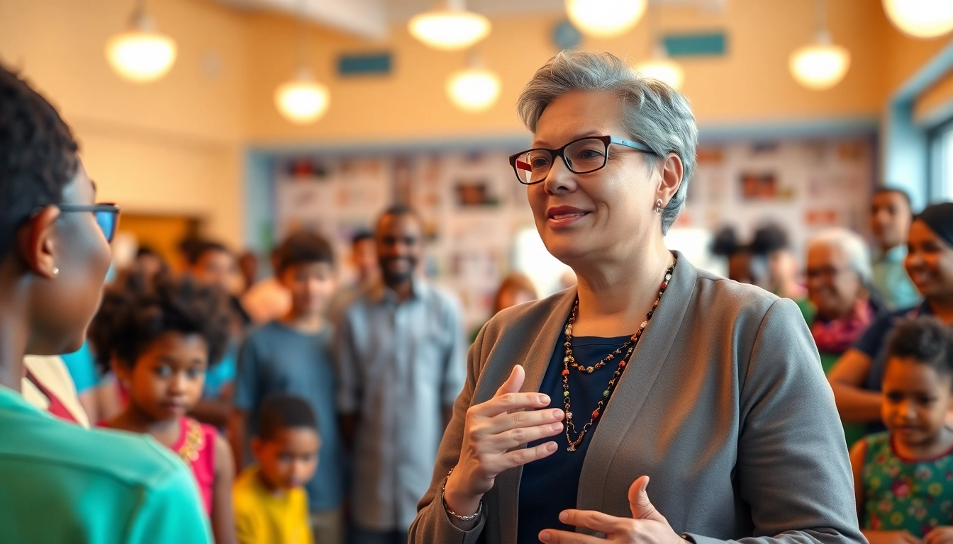 Philanthropist engaging with community members in a vibrant center exemplifying generosity and hope.