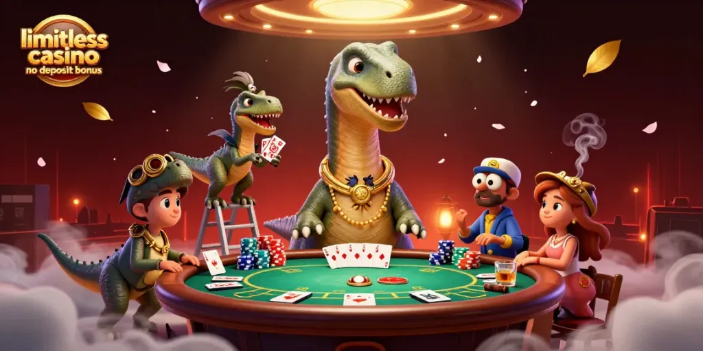 Engage with the limitless casino no deposit bonus through a vibrant 3D poker scene featuring a giant brontosaurus and clever raptor.