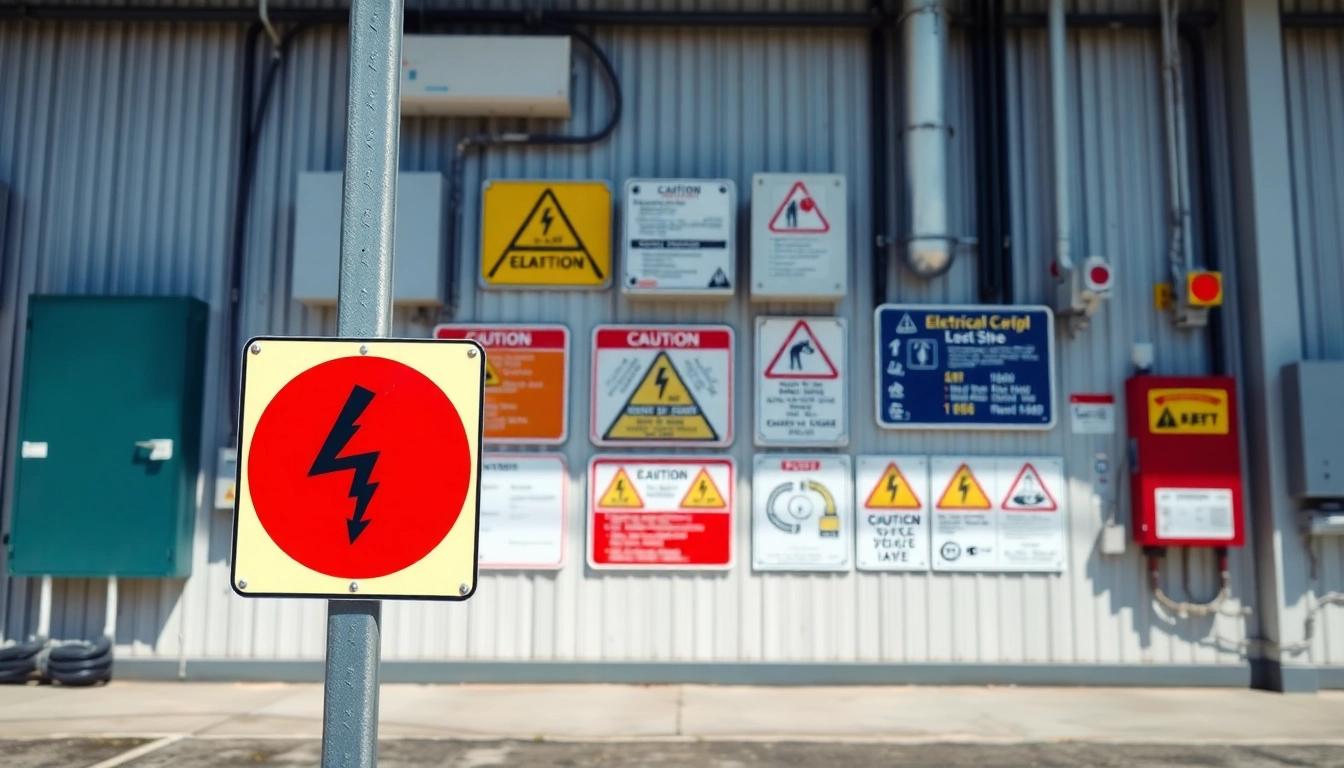 Prominent electrical signs indicating safety hazards at an industrial site.
