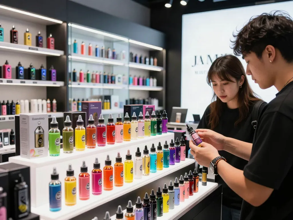 Colorful display of salt nicotine vape juices in a trendy vape shop