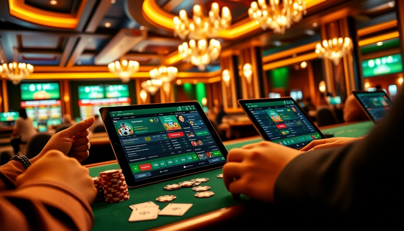 Engaging players placing bets on situs bola online with vibrant casino elements like chips and tablets.