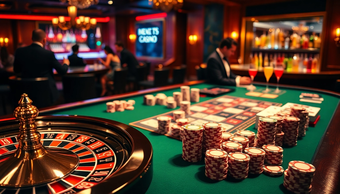 Découvrez le frisson des meilleurs casino en ligne avec des jetons de poker vibrants et une roue de roulette dans un cadre luxueux.