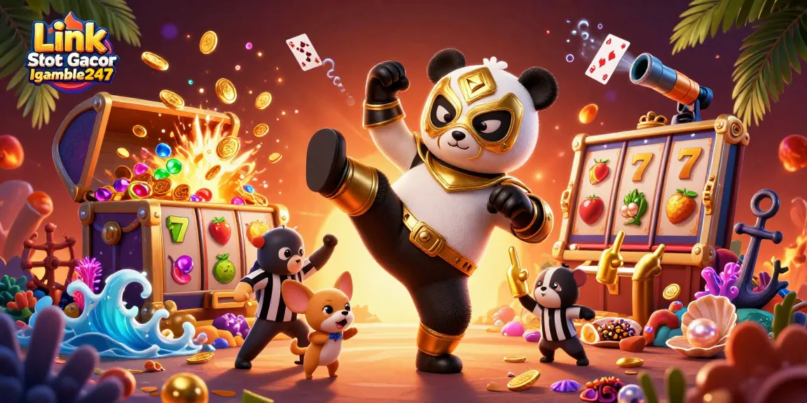 Experience the excitement of Link Slot Gacor Igamble247 with thrilling slot reels, golden coins, and animated characters.