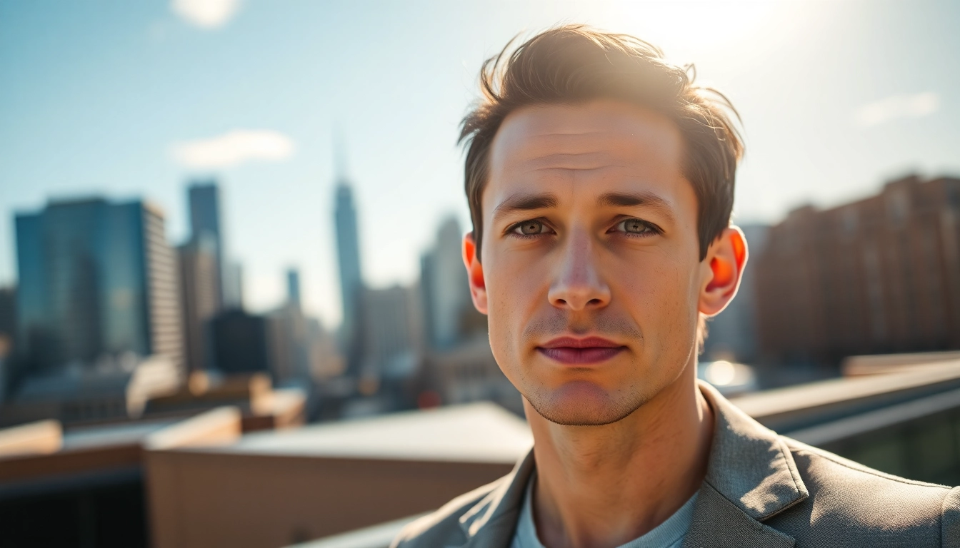 Joseph Gordon-Levitt poses thoughtfully in an urban setting with a charming expression.