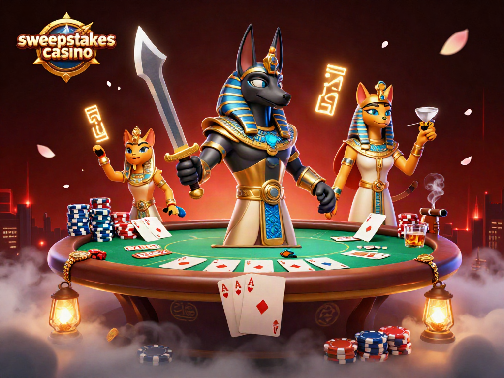 Engage in exciting action at the sweepstakes casino with Anubis and Bastet surrounded by vibrant poker elements.