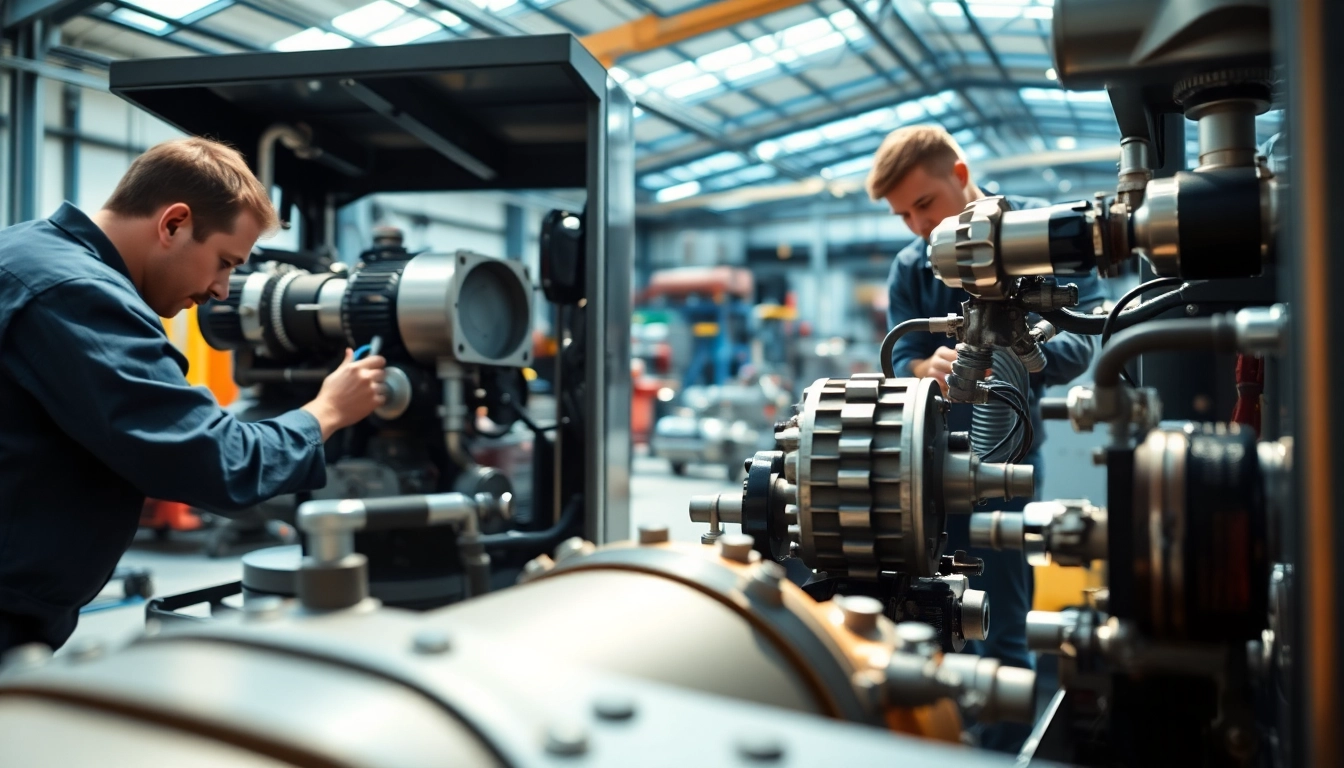 Technician performing mobile hydraulic services on machinery in a bright industrial setting