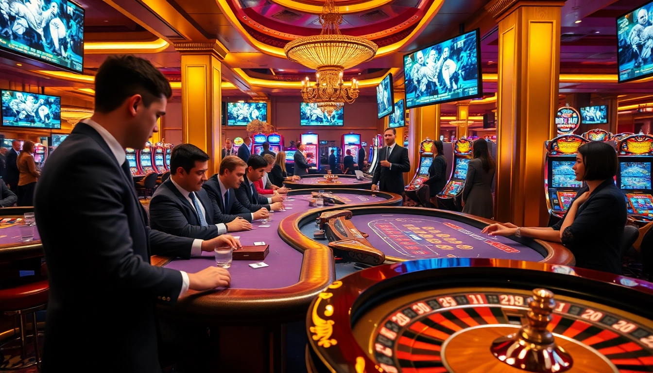 Exciting casino scene with zonafilm-themed elements, showcasing poker and blackjack games.