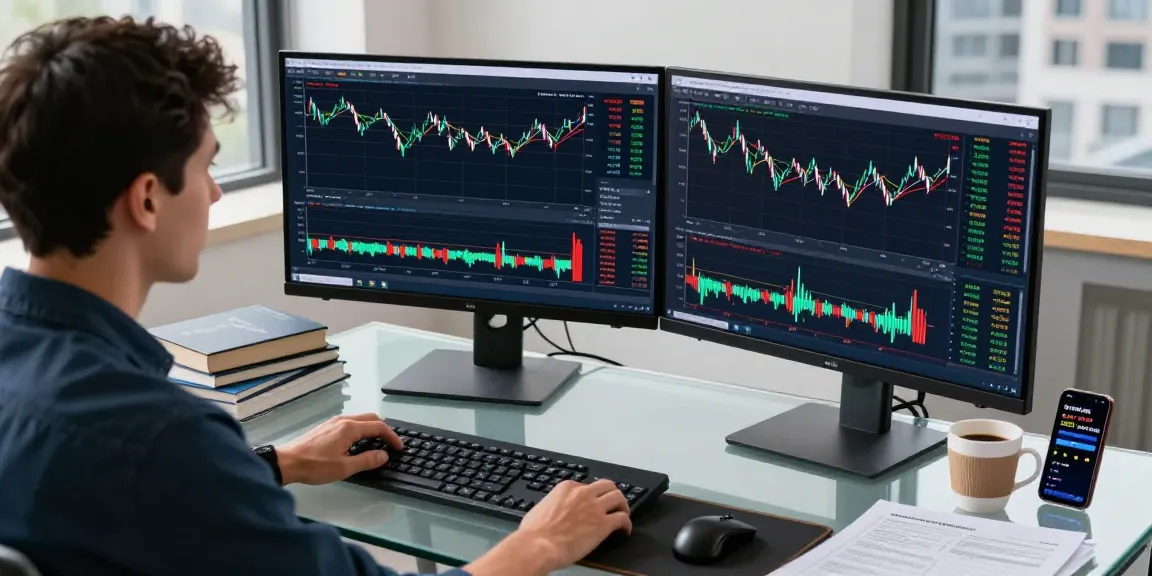 Focused trader using mt5 software for market analysis in a modern office.