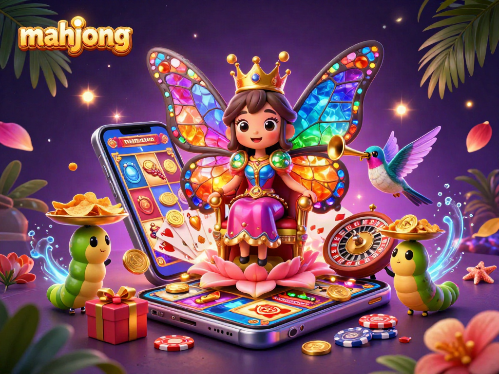 Engage in mahjong action with a vibrant scene featuring a butterfly queen amidst colorful casino elements.