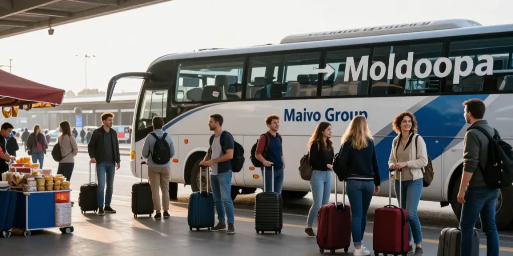 Transport internațional Moldova - Pasageri fericiți pregătindu-se de călătorie la un terminal de autobuz internațional.