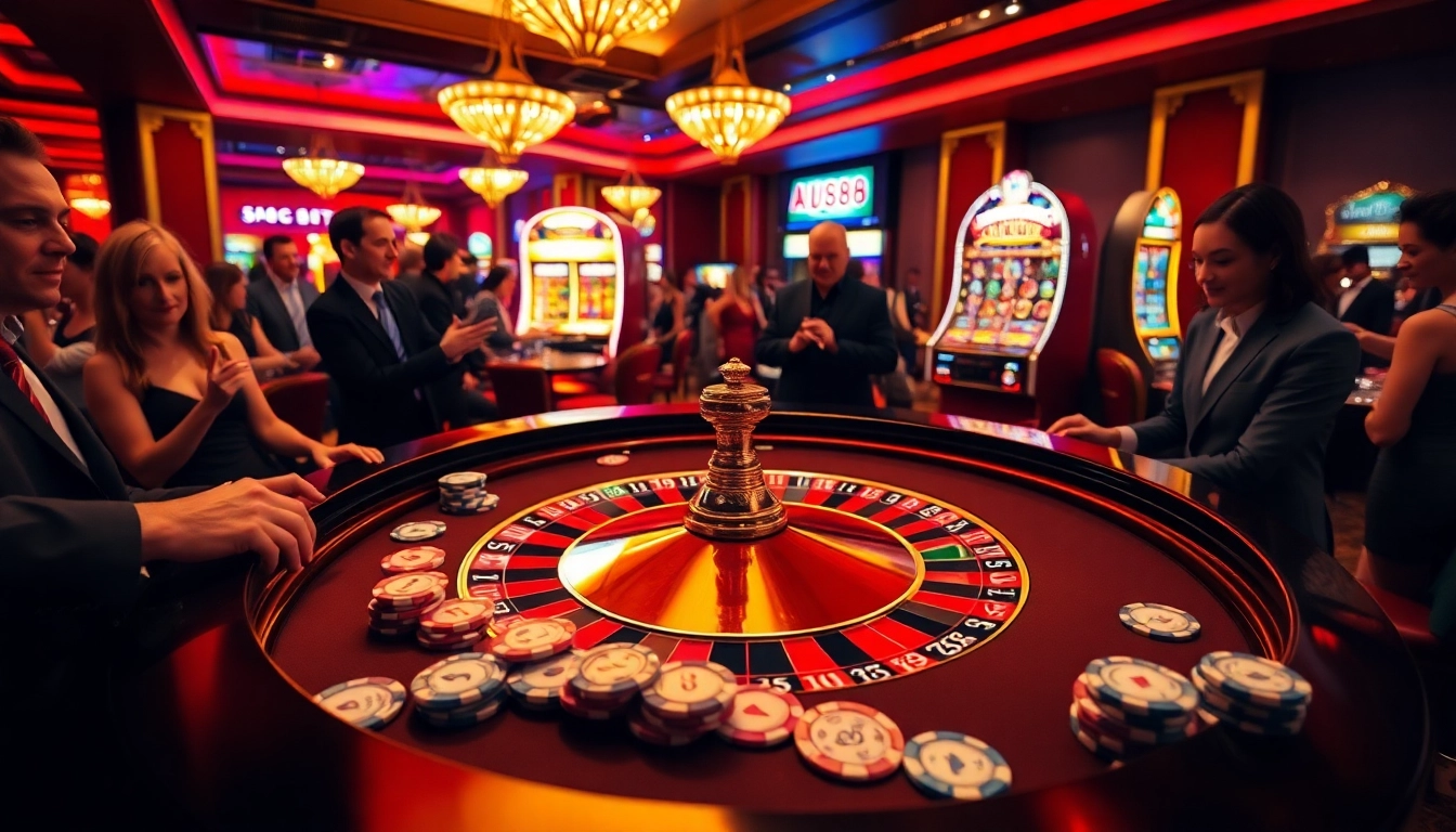 Players engaging at the AU88 roulette table in a luxurious casino setting.