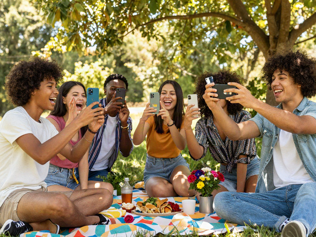 Friends using smartphones at outdoor picnic to check how old do I look with age estimation app.