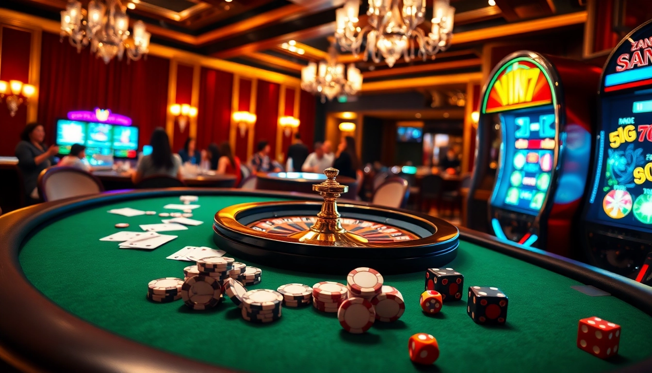 Experience the excitement of vin777 with a vibrant casino scene featuring roulette and poker tables.