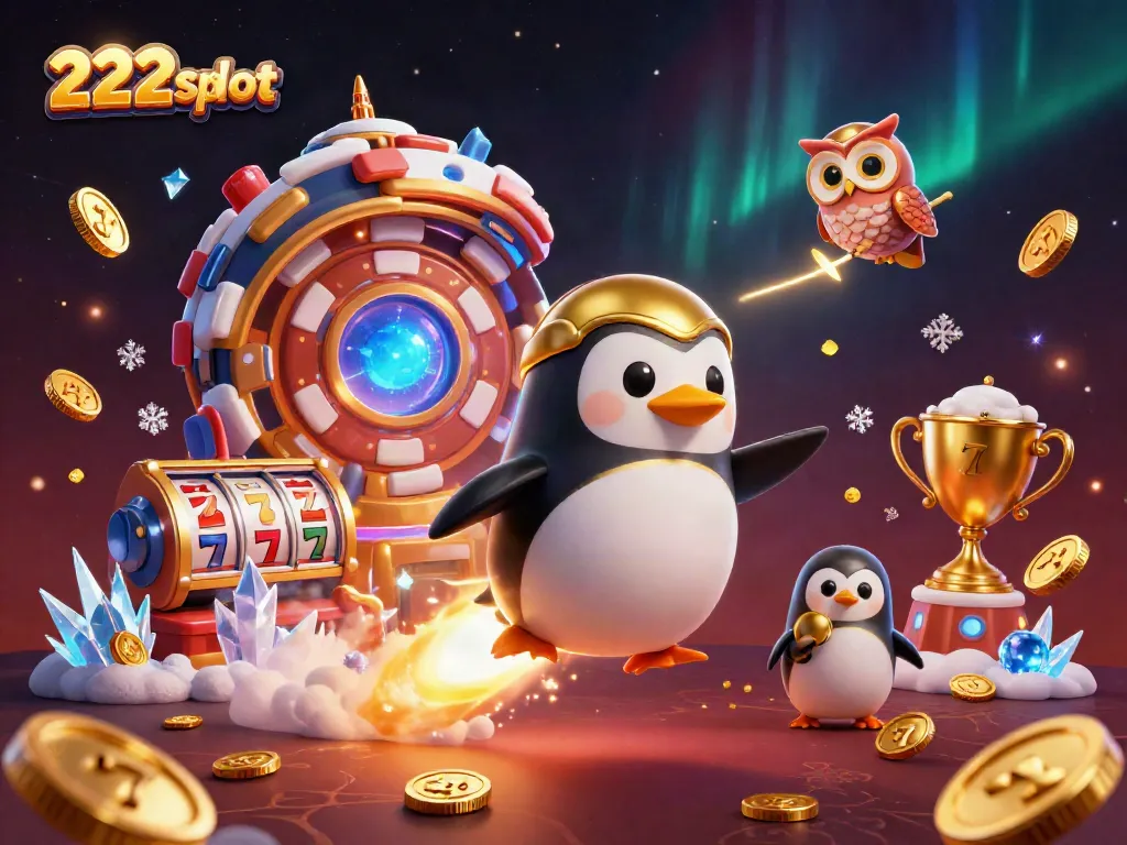 Gambar ilustrasi digital 3D yang menangkap aksi slot 222slot dengan penguin emas dan elemen kasino yang menarik.