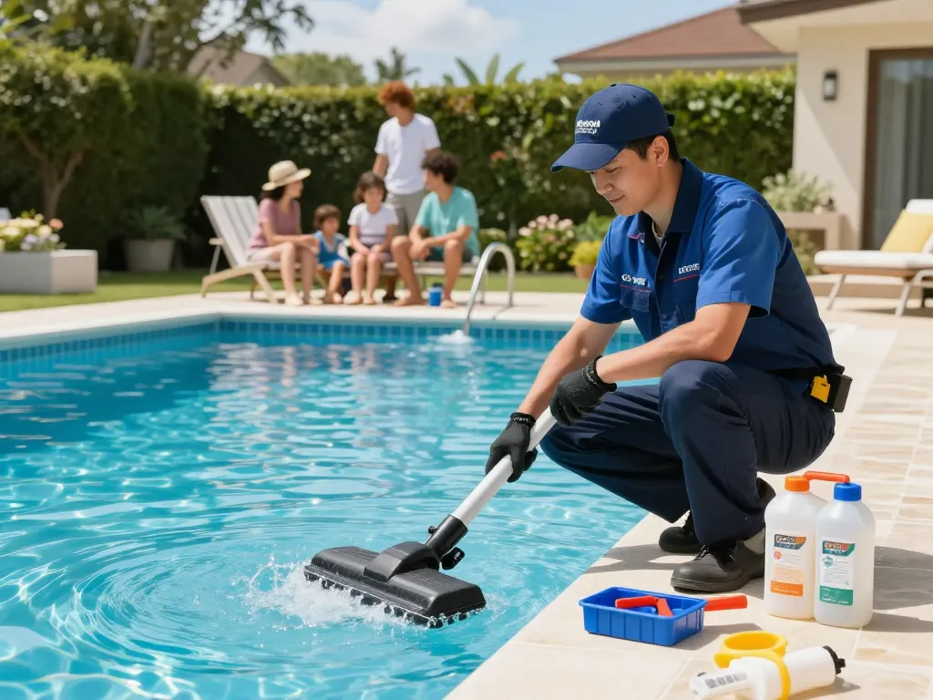 Dolphin Pool Services technician maintaining a sparkling clean pool while a happy family enjoys the sunny day by the water.