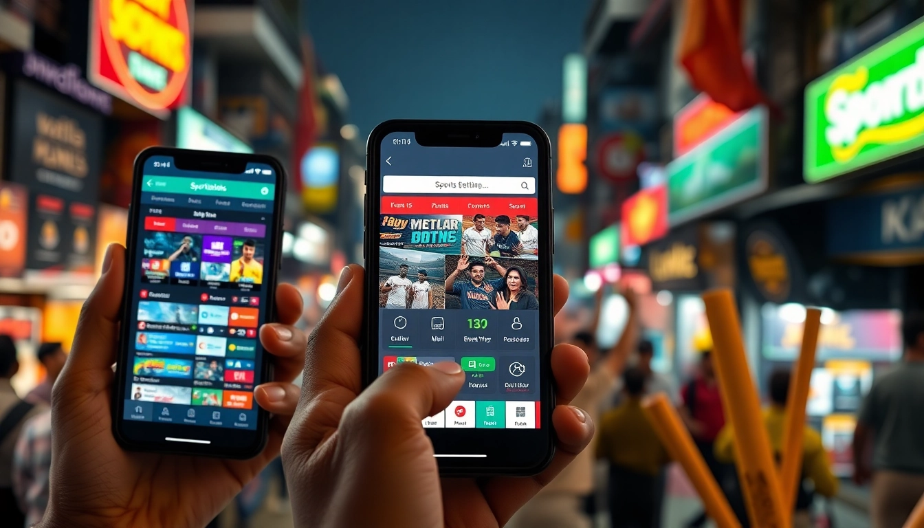 Engaging scene showcasing online sportsbooks India on smartphones against a bustling marketplace backdrop.