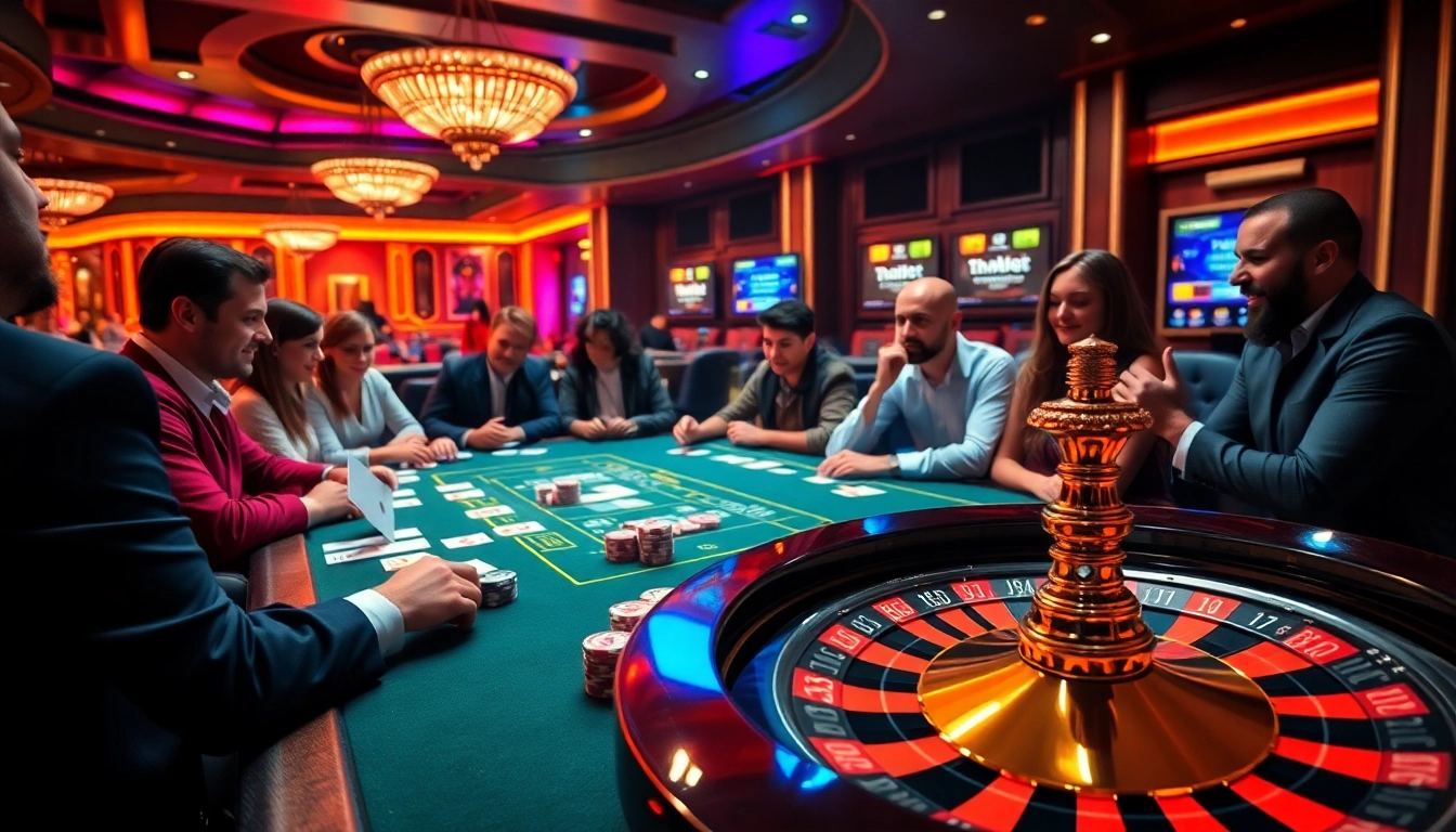 Thrilling casino scene with players enjoying games at thabet, showcasing excitement and luxury.