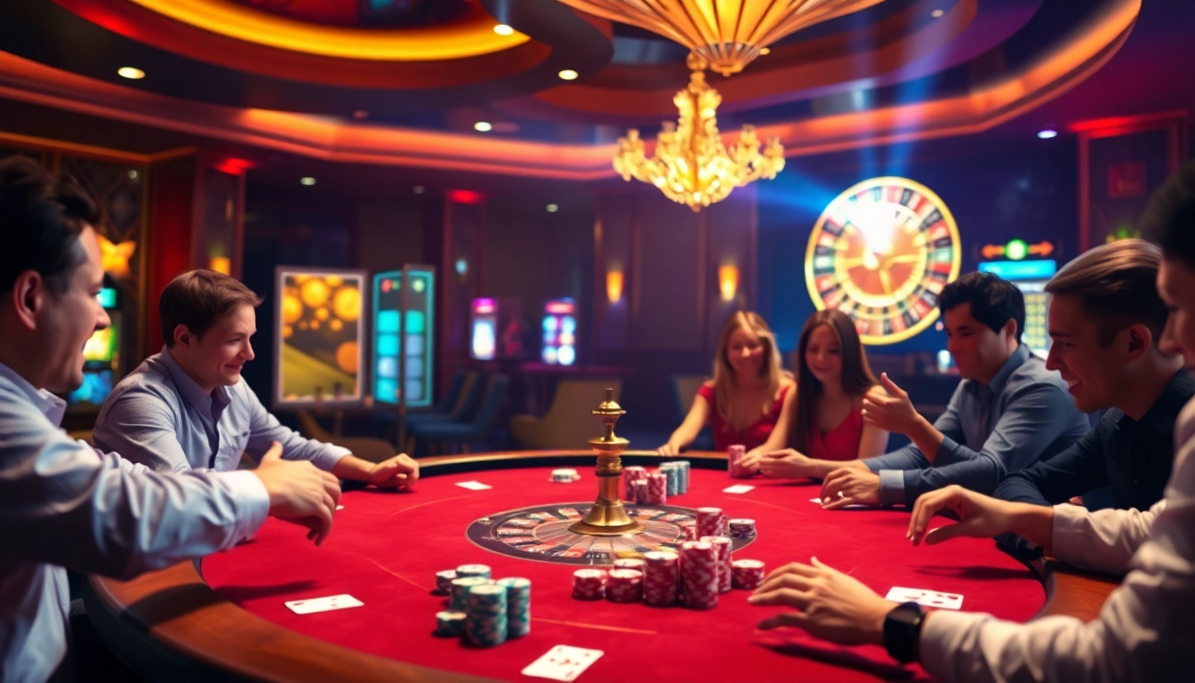 Joueurs enthousiastes à la table de poker des meilleurs casinos en ligne présentant des jetons et des cartes colorés.