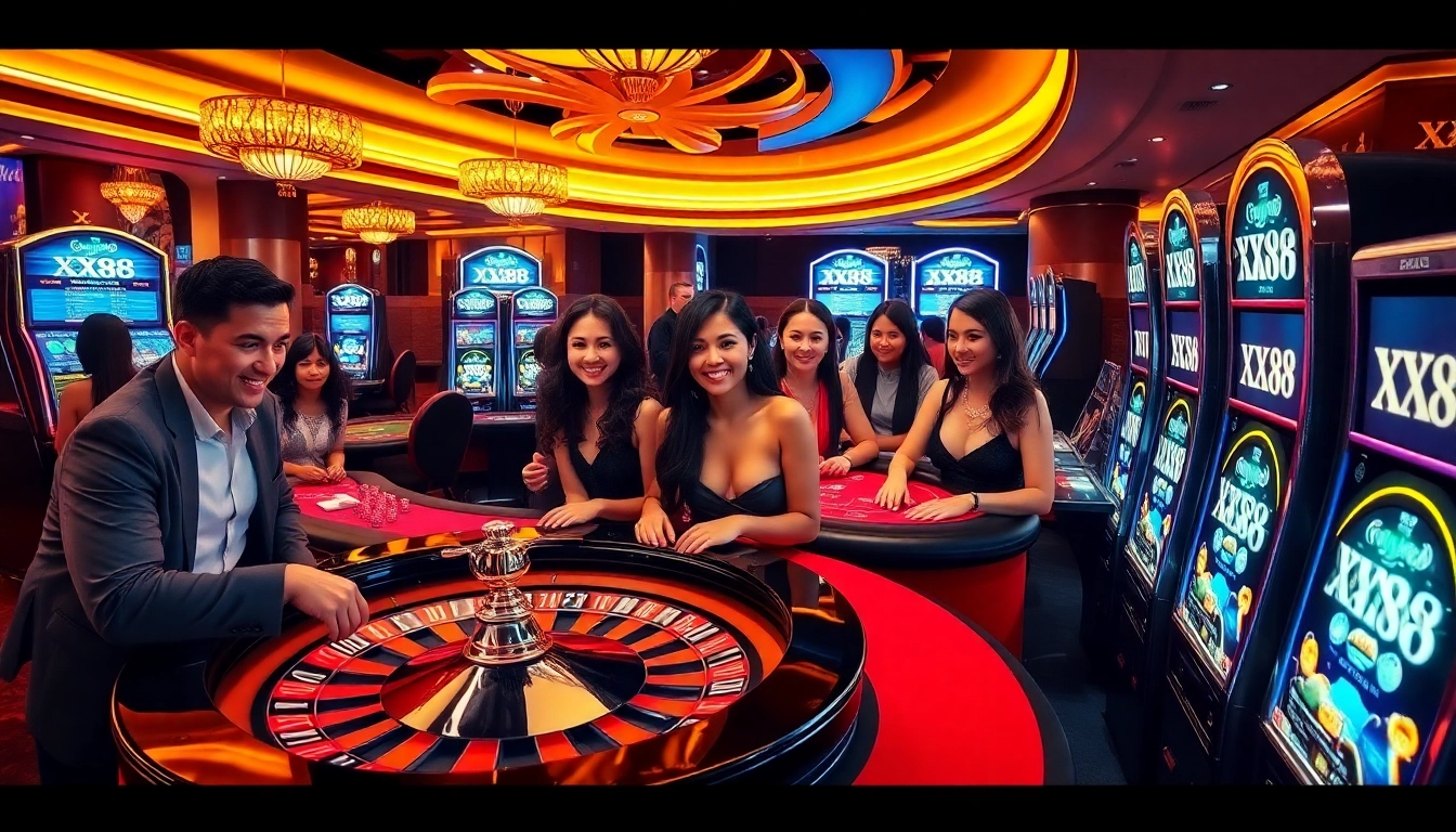 Players at the XX88 casino enjoying a lively roulette game in a luxurious atmosphere.
