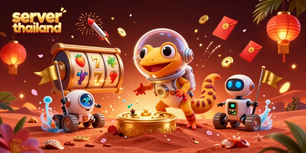 Engage with a thrilling 3D scene of a Martian gecko discovering a golden casino in the red sands, themed around server thailand.