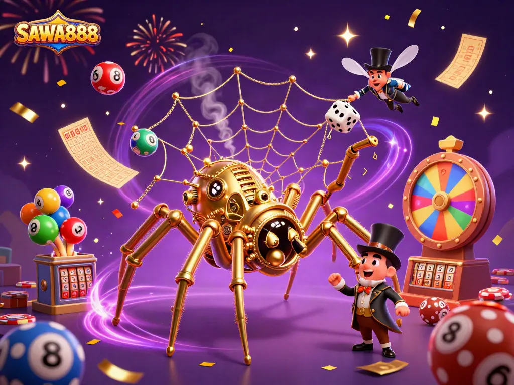 SAWA888 showcases a whimsical steampunk spider catching dice in a vibrant lottery scene.