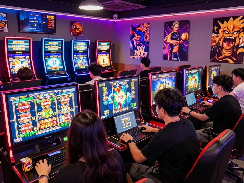 Dynamic gaming atmosphere showcasing players enjoying slot games on Zeus138 with engaging visuals and high RTP scores.