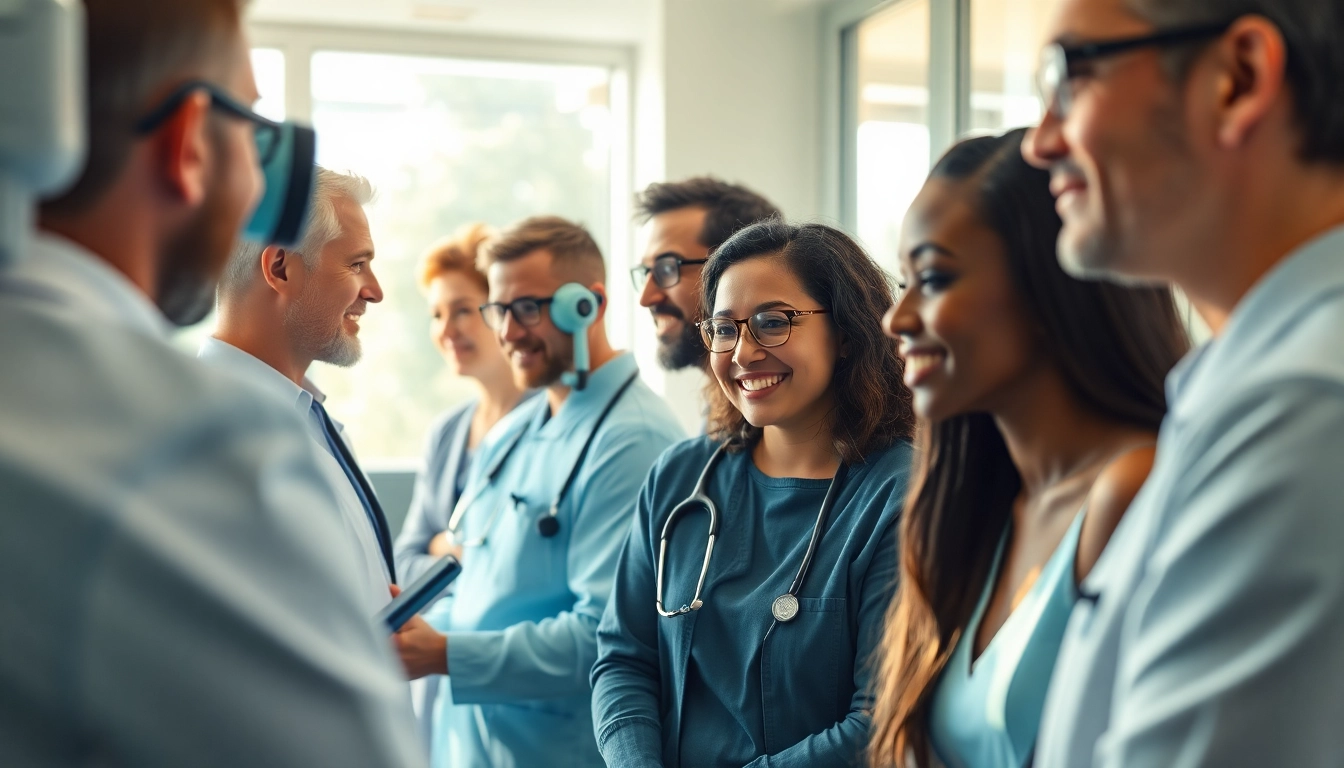 Engage in advanced health screening Sydney with a diverse group interacting in a bright clinic.