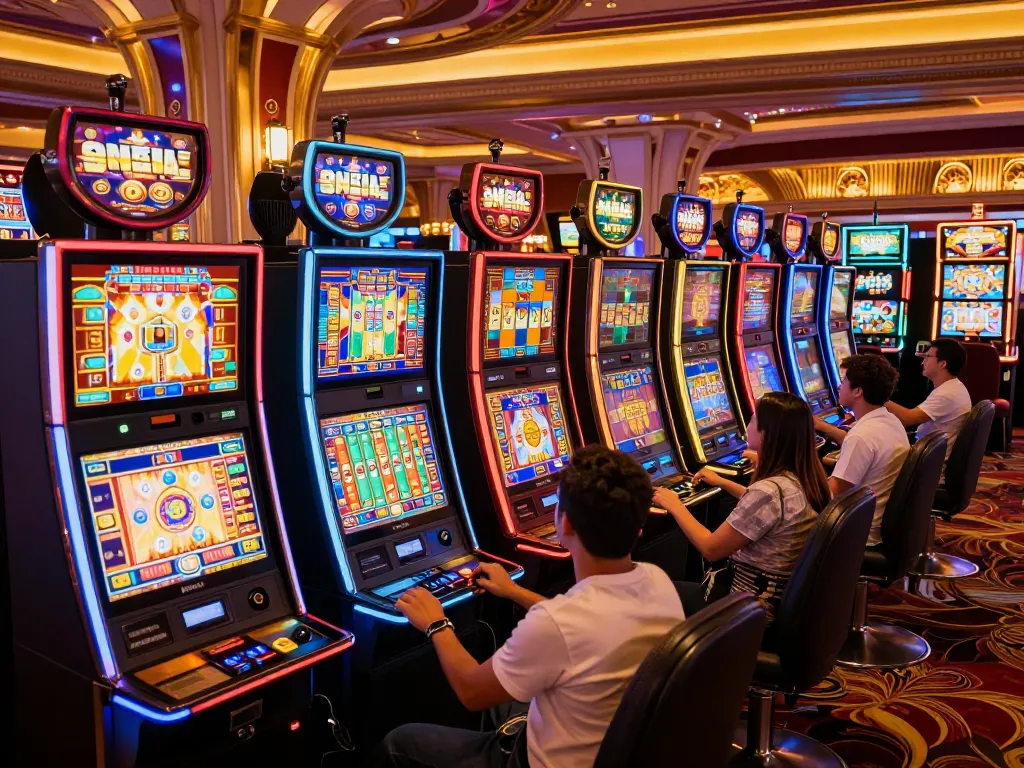 Pemain terlibat dengan mesin slot yang cerah di kasino Las Vegas, menunjukkan kegembiraan dan keterlibatan dalam permainan.
