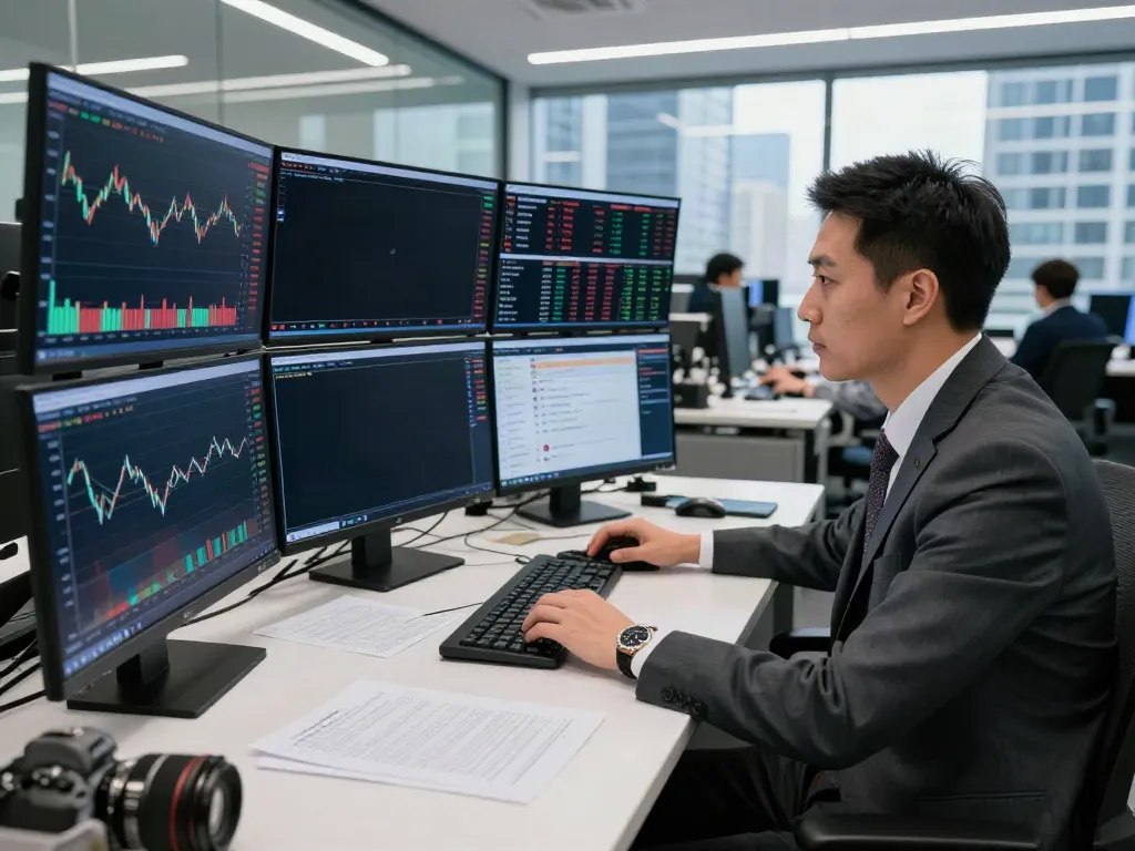 Trader analyzing market trends on multiple screens in a financial office, highlighting tradingview官网 interaction.