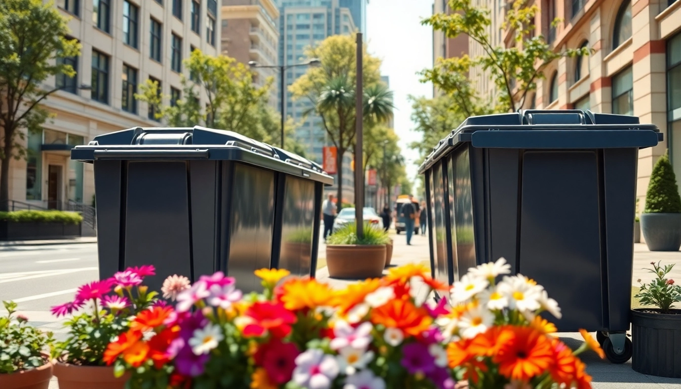 Engaging residential bin rental scene featuring dumpsters, flowers, and a clean urban environment.