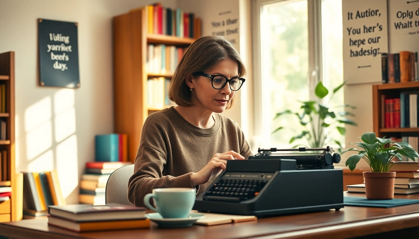Author focused on writing at a vintage typewriter in a cozy studio filled with books.