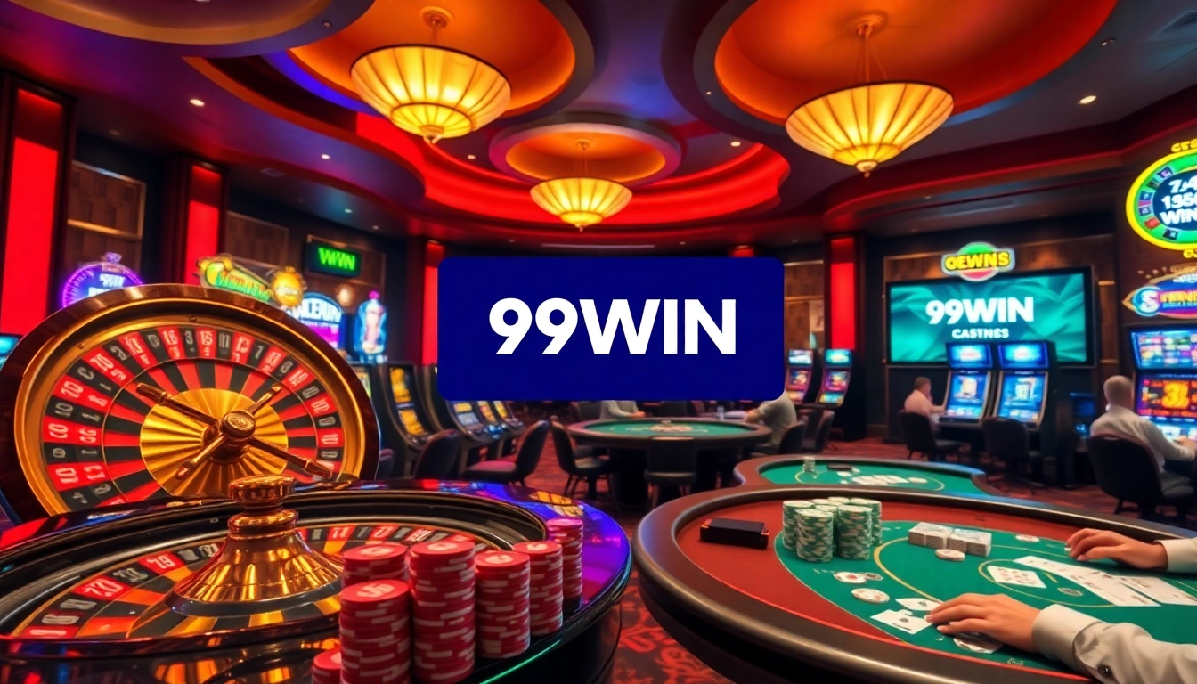 Experience high-stakes action at 99WIN with vibrant poker tables and roulette wheels.