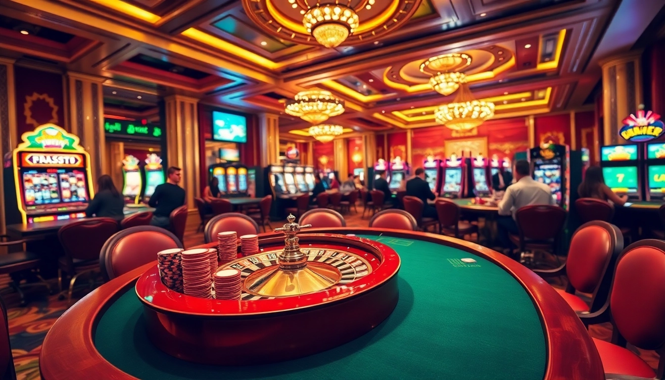 Scène de jeu passionnante mettant en avant les meilleurs casino en ligne avec des éléments de roulette et de poker.