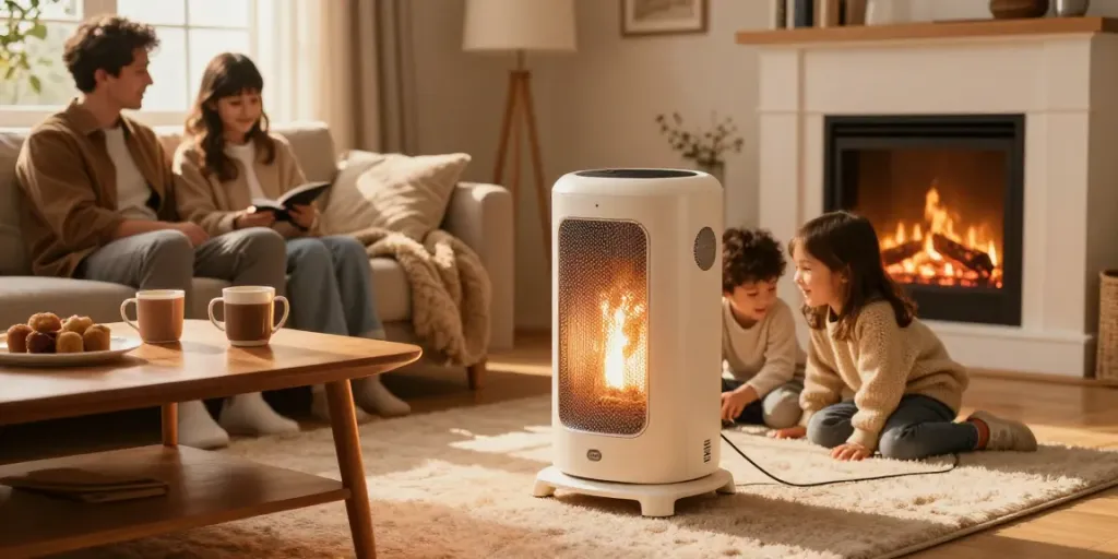 Family enjoying warmth from a ceramic heater in a cozy living room during winter.