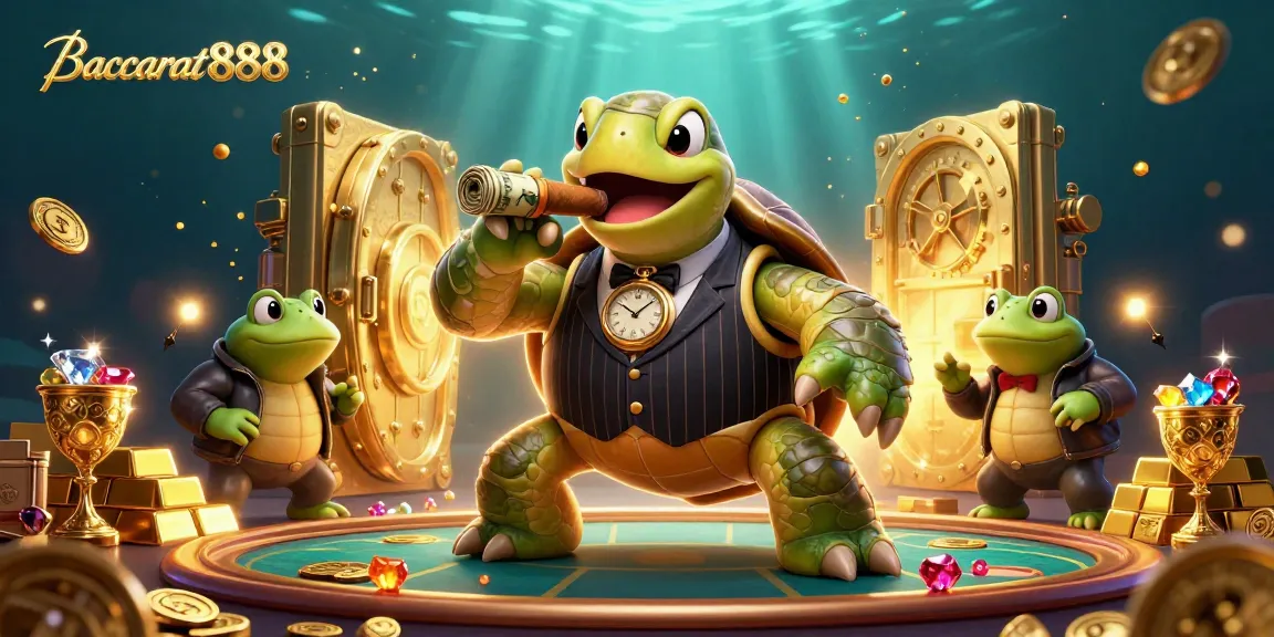 Baccarat888 showcases a vibrant casino scene with a snapping turtle and bullfrog enforcers surrounded by dazzling treasures.