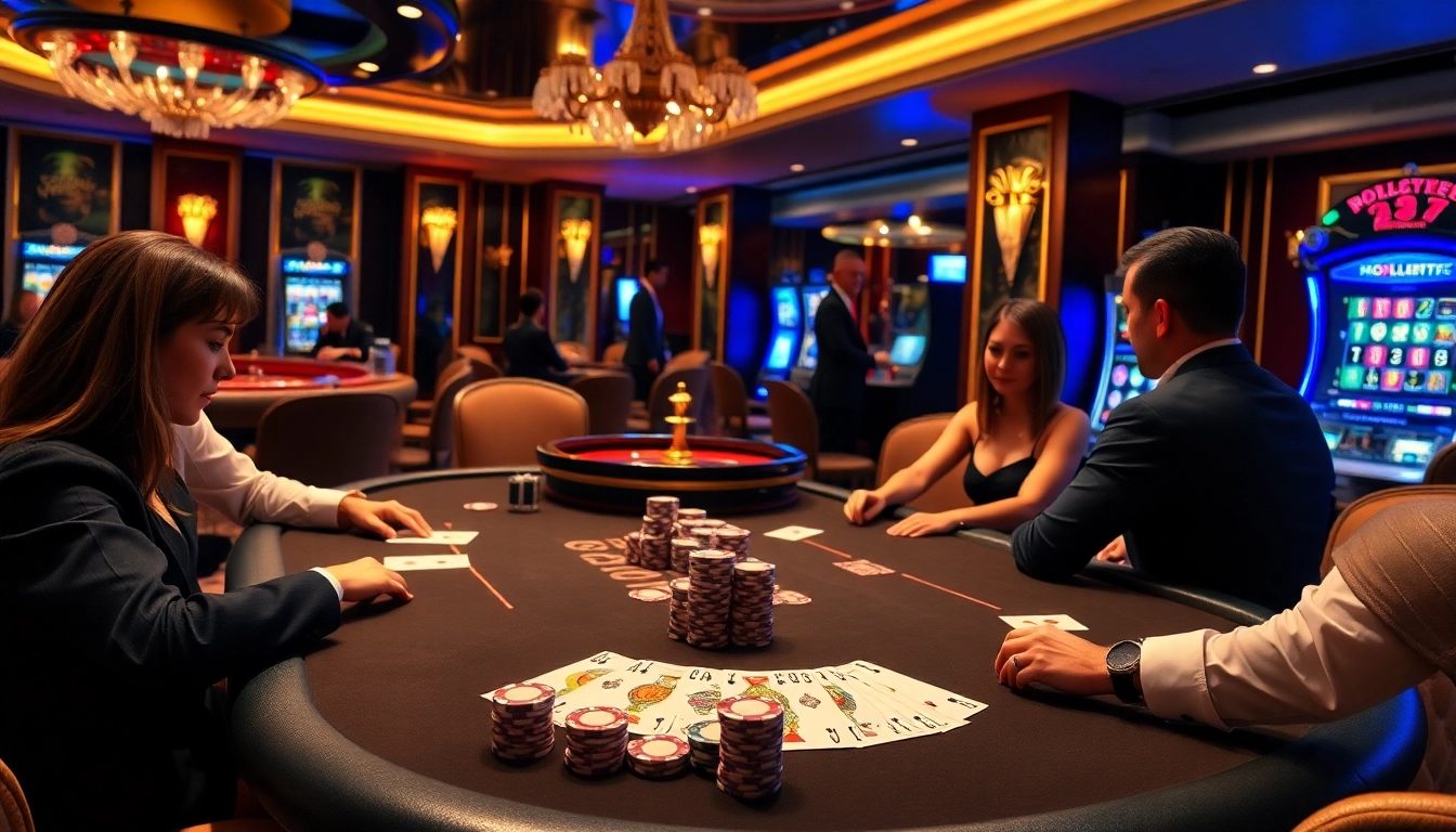 Vivez l'excitation des meilleurs casinos en ligne avec un cadre de jeu de poker élégant, des jetons vibrants et une décoration riche.