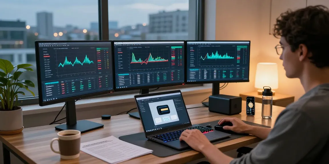 Bitcoin mining platform setup in modern home office showcasing cryptocurrency dashboards and mining metrics