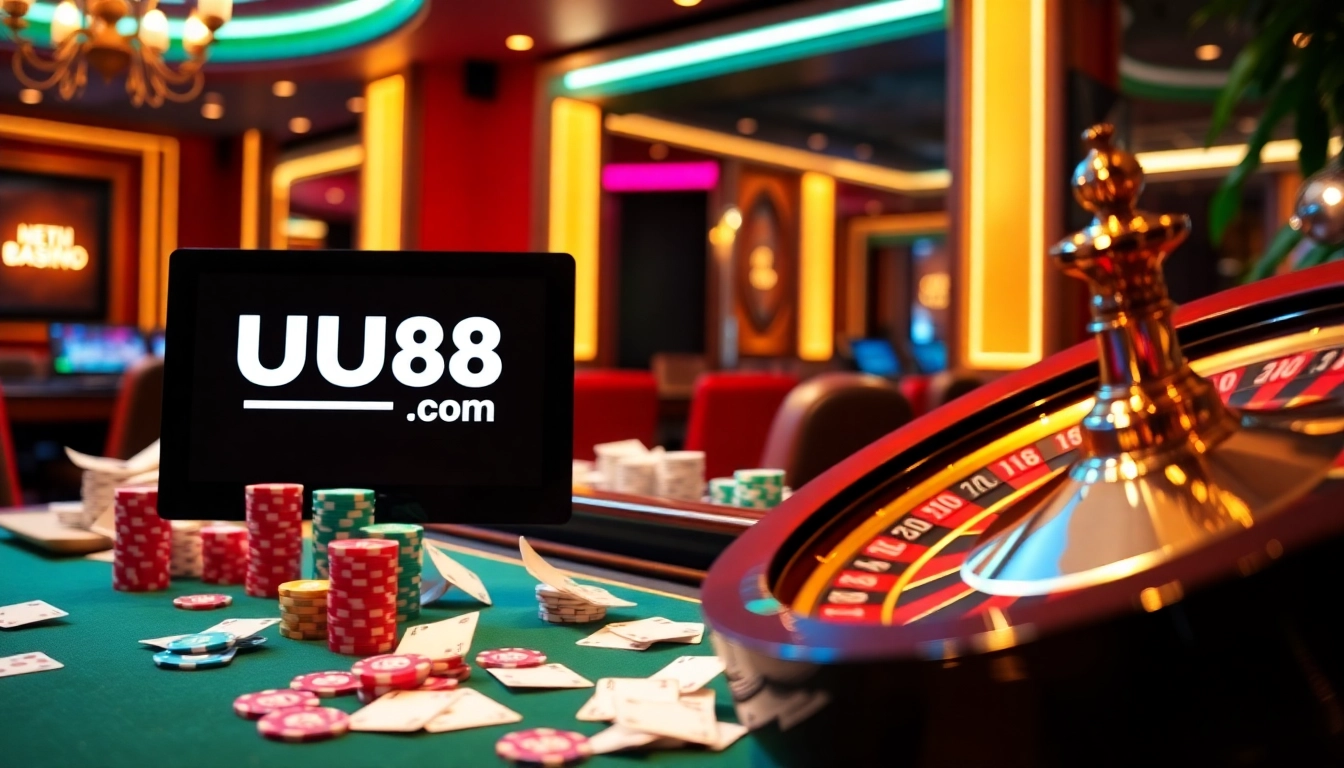 Experience the thrill of gaming at uu88 com featuring casino tables, poker chips, and roulette wheels.