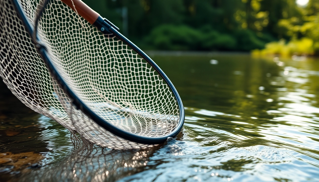 Catch a fish with a Fly fishing net displaying a fine mesh design and sturdy handle.