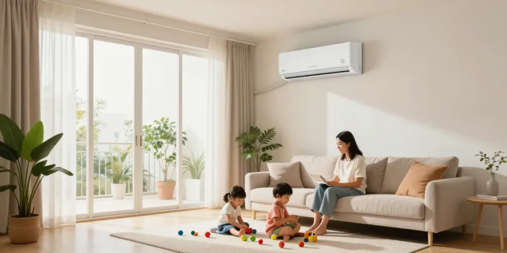 Mini split AC unit cooling a modern living room with a happy family