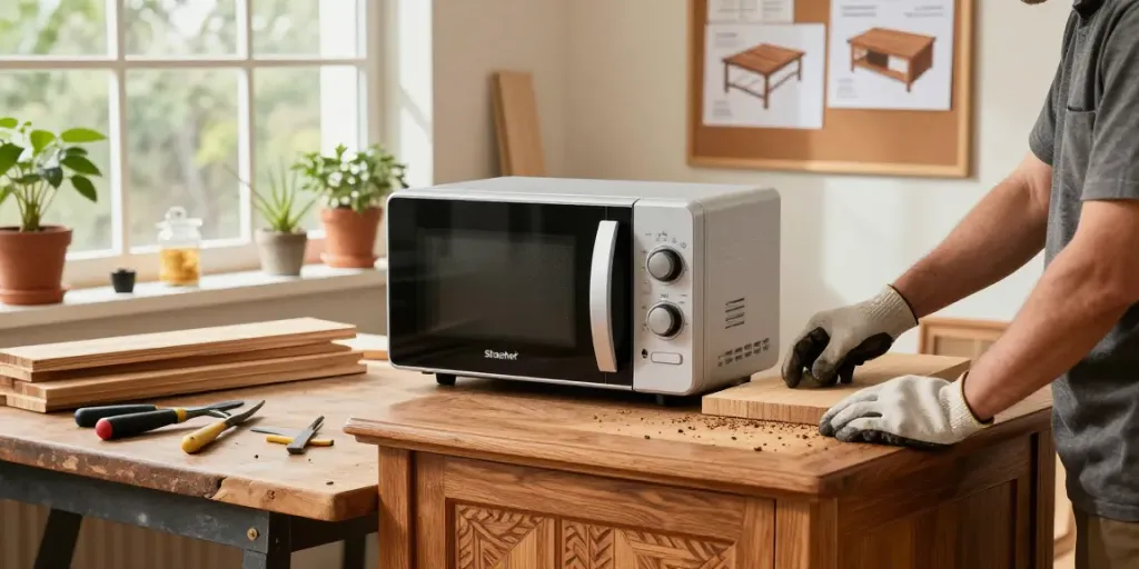 Shashel® microwave wood treatment device in a cozy workshop eliminating wood-boring insects from vintage furniture.