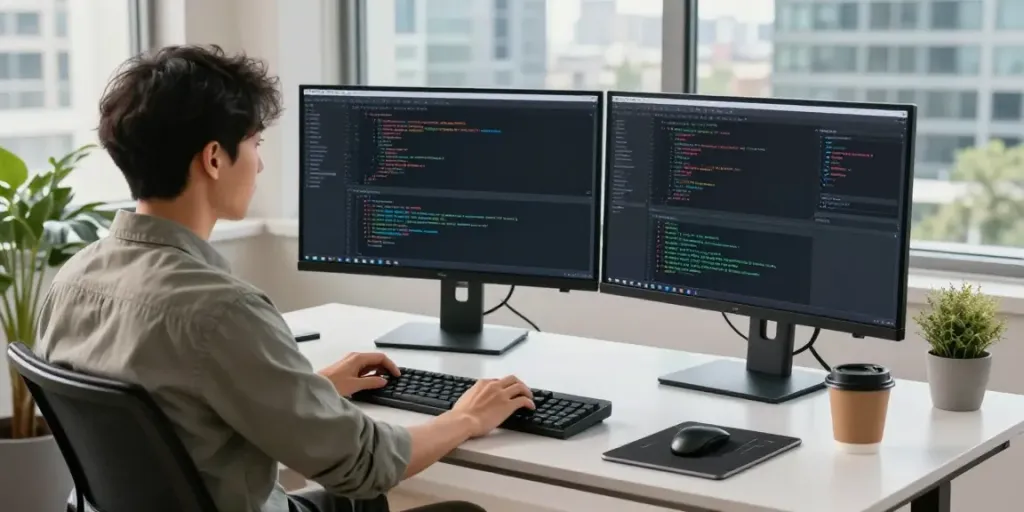 Outscraper software developer in a modern workspace coding with dual monitors and natural light.