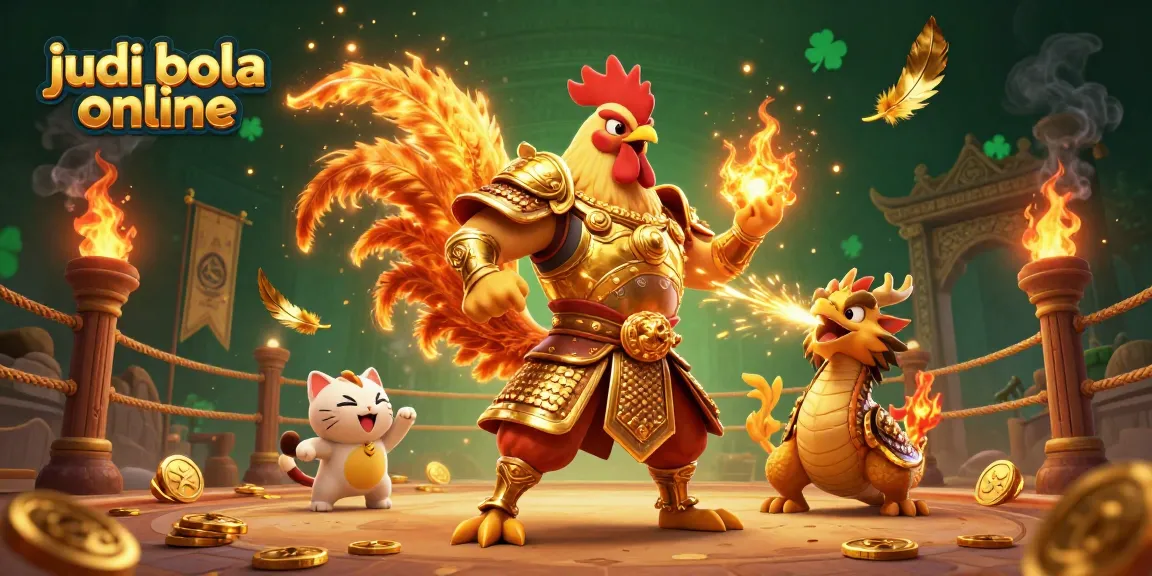 Engage in thrilling judi bola online with a dynamic scene featuring an armored rooster, dragon hatchling, and fortune cat amidst a vibrant betting arena.