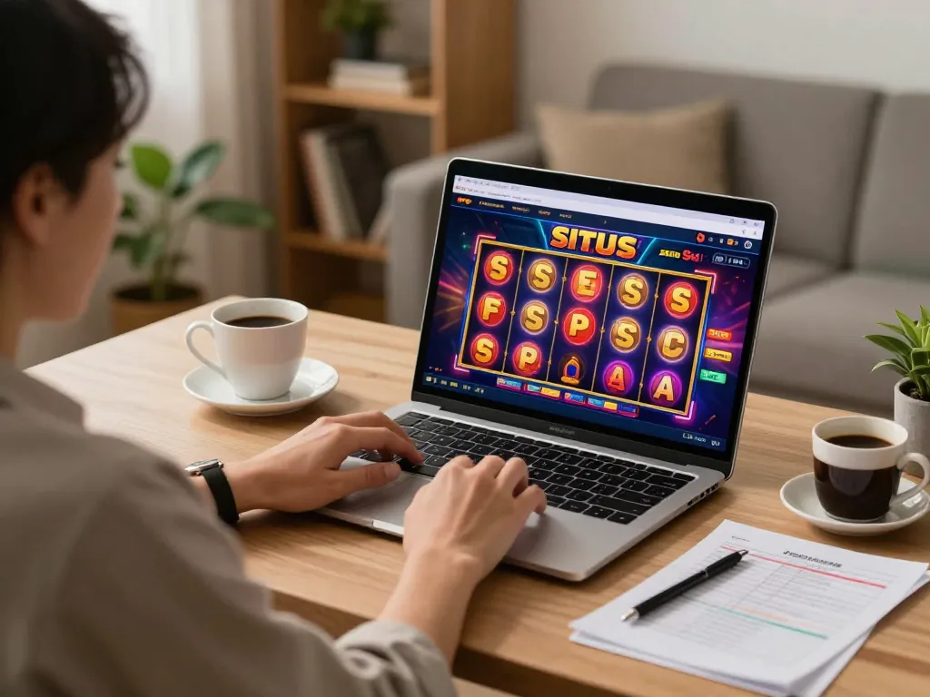 Engaging in situs slot gaming at home, dynamic online gambling atmosphere with colorful game reels