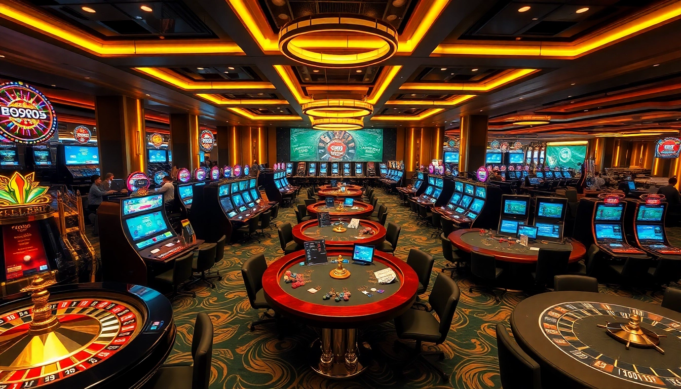 Exciting gaming experience at nhà cái PS99 with vibrant slot machines and poker tables