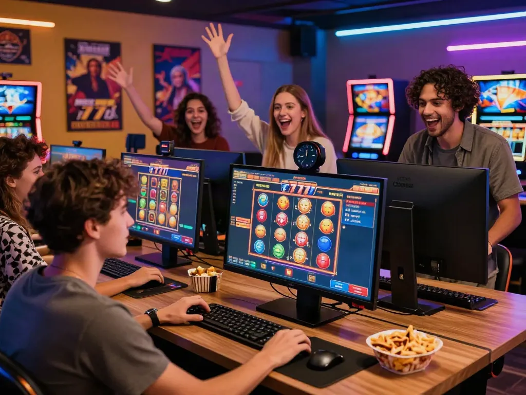 Permainan daring slot777 yang seru dengan teman-teman di latar belakang suasana neon yang hidup.