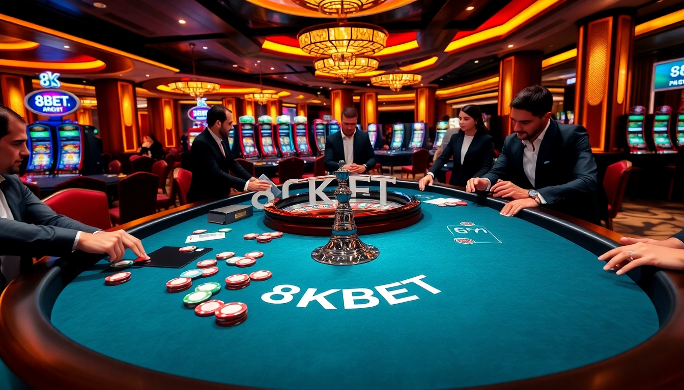 Engaged players at an 8KBET poker table with vibrant casino elements, exuding excitement and sophistication.